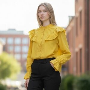 Jessica Simpson Yellow Ruffle Lace-Trim Button-Down Blouse